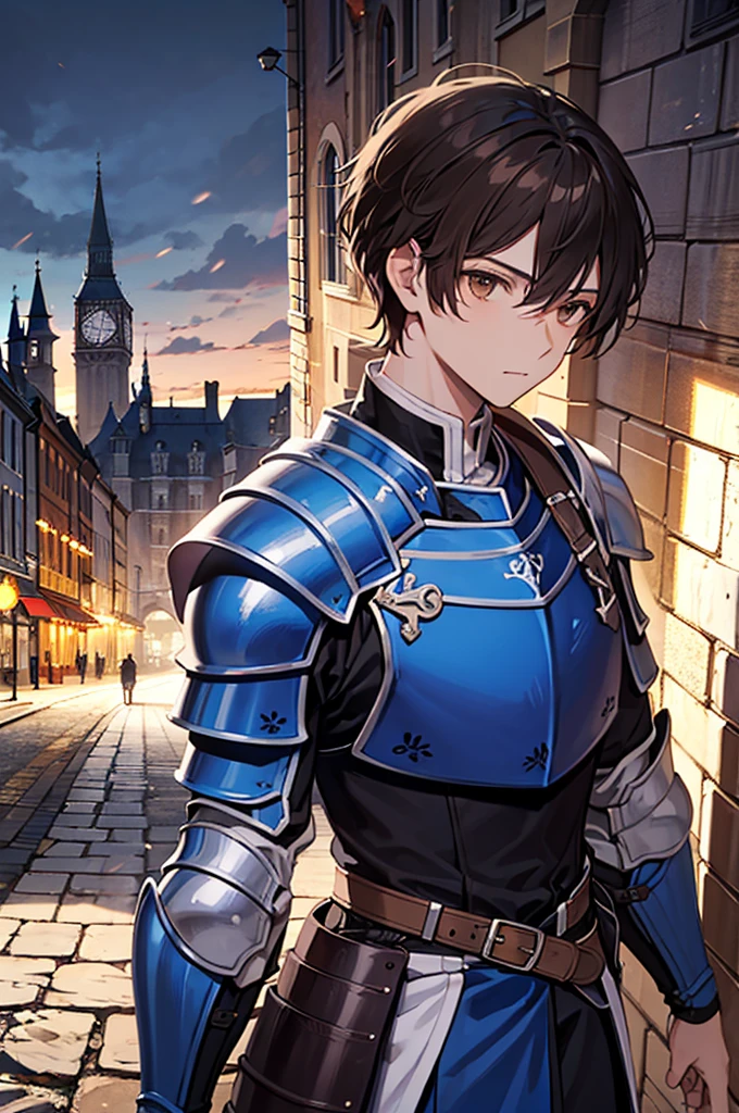 man, adventurer, knight, armor, brown hair, brown eyes, blue and black clothing, manly, alone, medieval city background