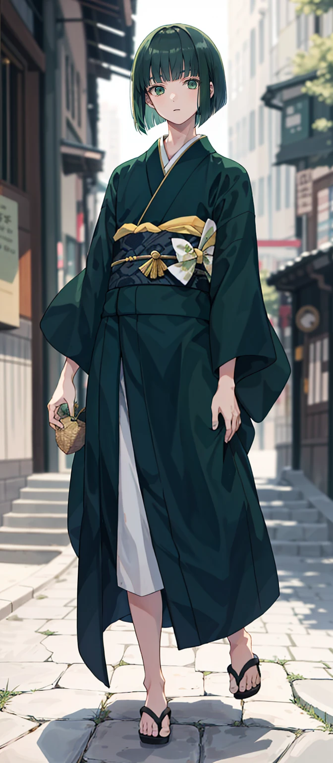 1 boy, 24 years old, full body, blunt bangs, Bob cut, dark green hair, kimono,