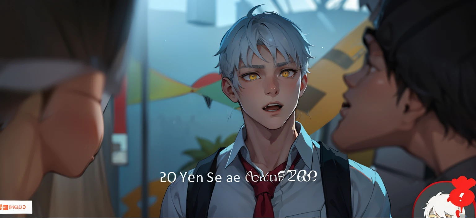 cute boy, yellow eyes, white hair, speaking calmly