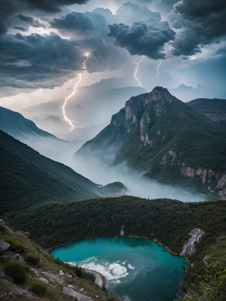 there is a lake with a mountain in the background, stunning nature in background, majestic nature scenery, puddles of turquoise water, very very very beautiful scenery, very very beautiful scenery, very beautiful scenery, scenic colorful environment, lakes and waterfalls, gorgeous scenery, incredibly beautiful, really beautiful nature, beautiful lake in the foreground, beautiful scenery, beautiful lake, rich picturesque colors, amazing lightning, dramatic lightening, lightning creating life, crackling with lightning, epic lightning, colossal lightning, scary lightning, beautiful lightning, lightning strikes, exquisite lightning, insane lightning, national geographic photo”, thunderstorm and fire, lightning strike