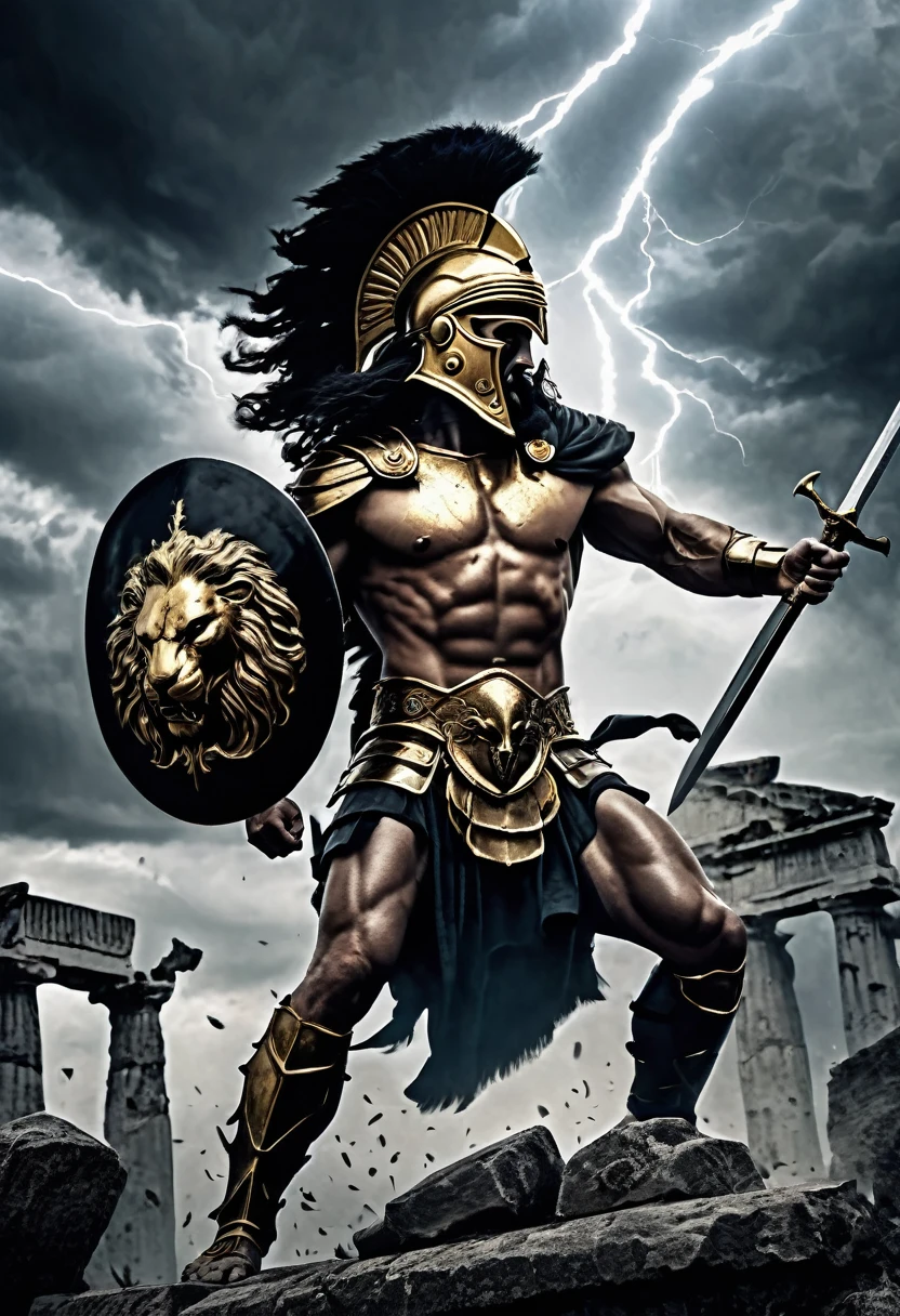 Hoplite man. Greek helmet with black mane, Greek armor with gold accents. Wielding gladius sword and wide circular dark shield. Attacking, against, monstrous and colossal black lion. Greek city ruins, skeleton warriors surrounding. Cloudy and stormy skies, overtaken by lightning. Art style: Grim Dark fantasy comics.