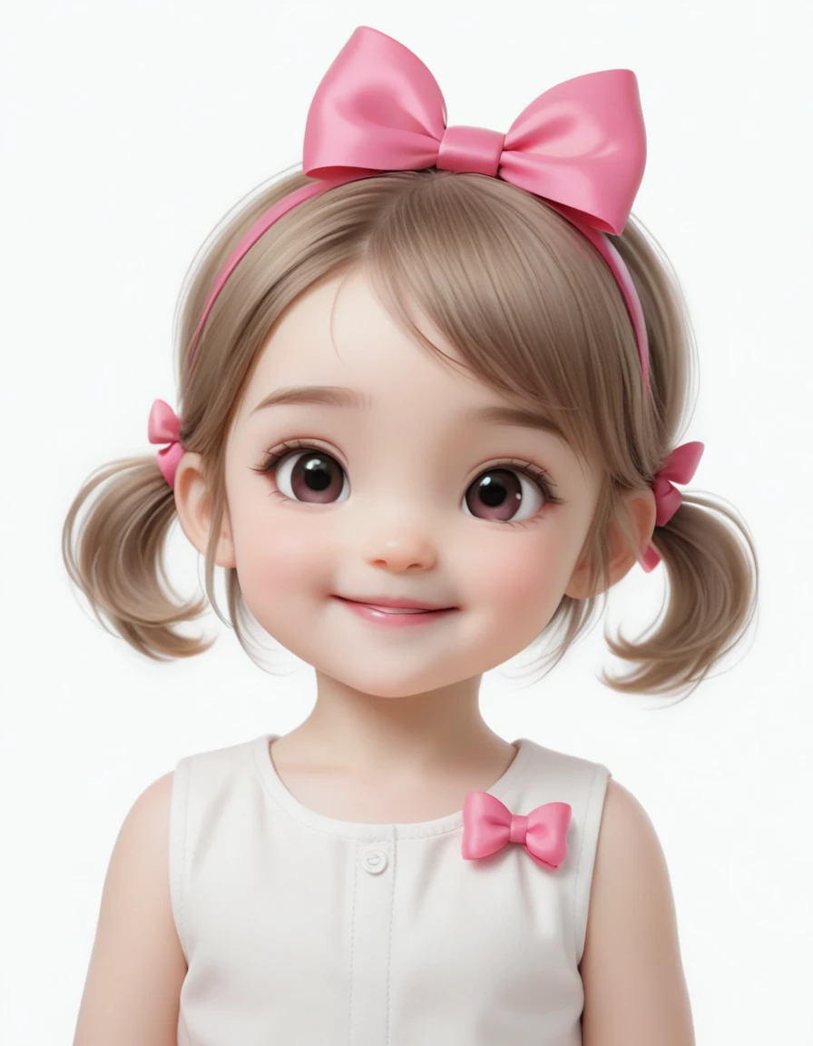 Drawing of a 3 year old girl smiling, with a small bright pink bow on her head, com fundo branco