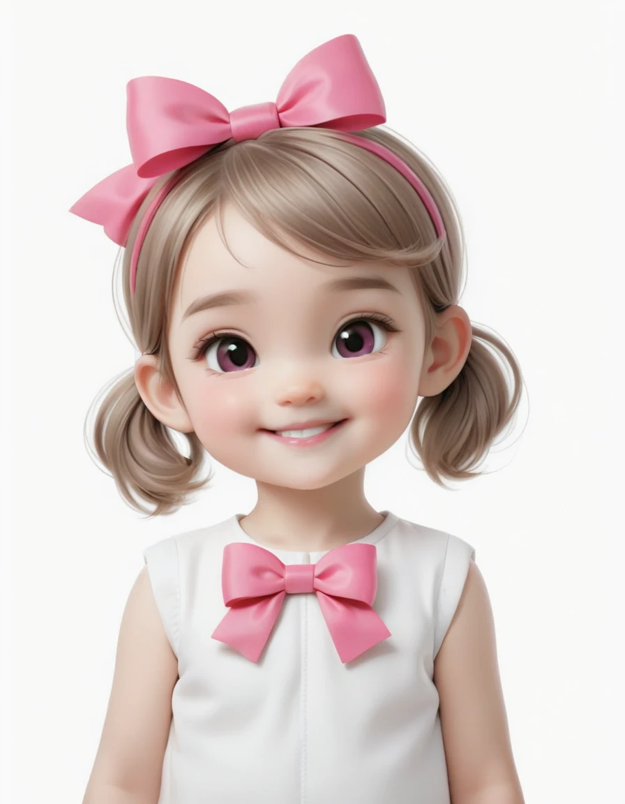 Drawing of a 3 year old girl smiling, with a small bright pink bow on her head, com fundo branco