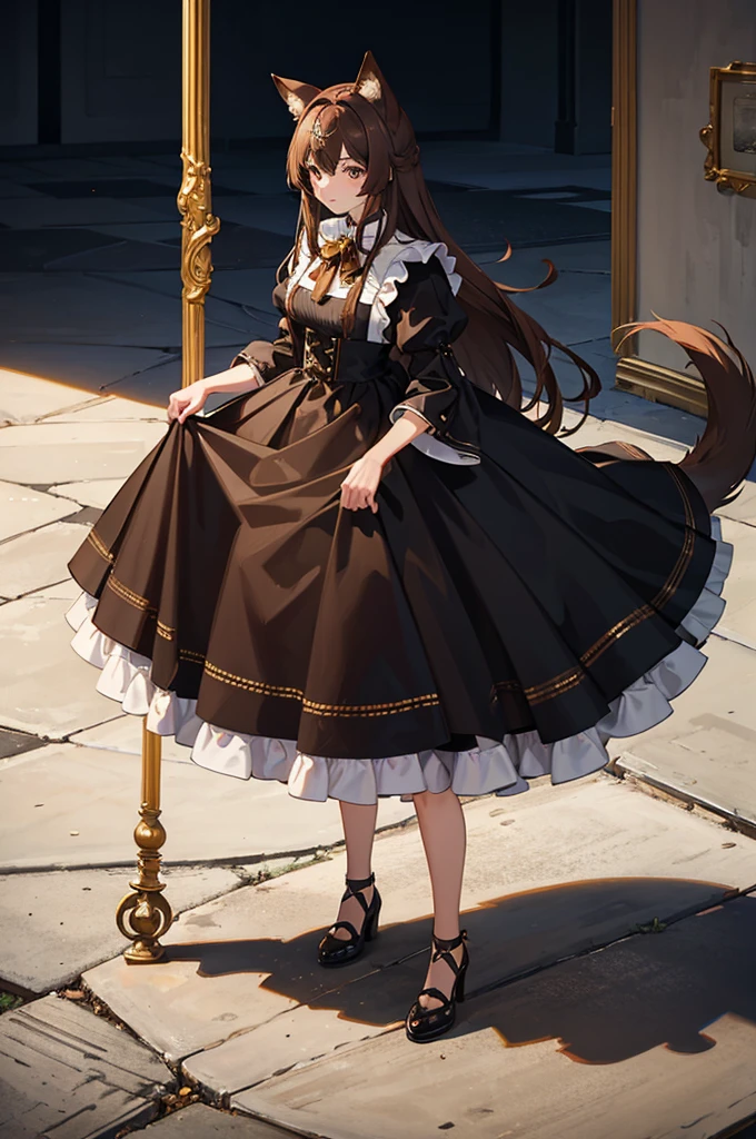 1woman, brown hair, gold eyes, wolf ears, wolf tail, maid dress, standing on ground, high res, ultra sharp, 8K, masterpiece