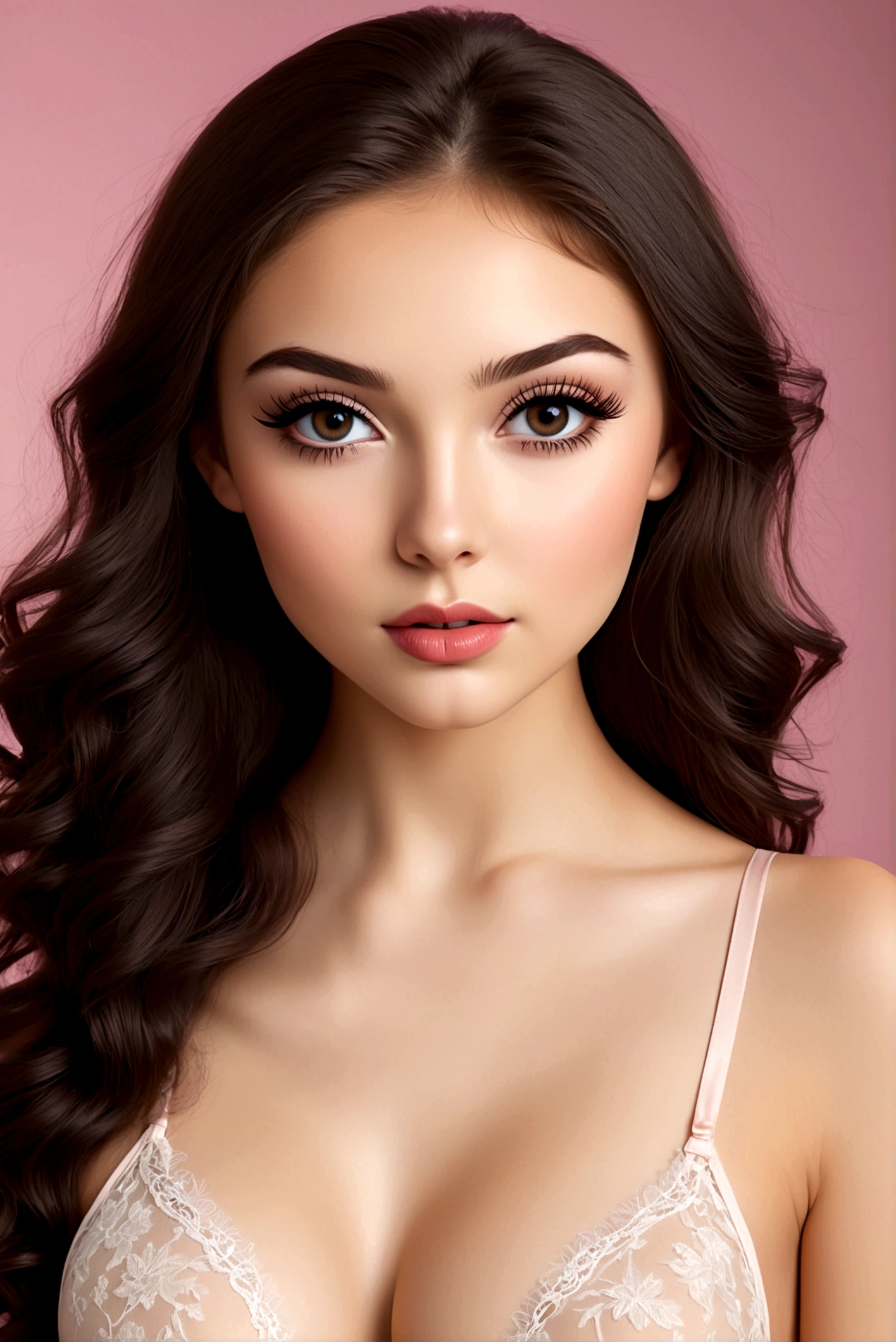 Create an image of a stunningly gorgeous beautiful ager, long luscious eyelashes, black eyeliner, professional studio makeup, lipstick, natural hair, stunningly gorgeous seductive face, light silky smooth perfect skin, perfect body figure, natural large breast, sexy seductive waist, nude, thin lace thong, full body view,