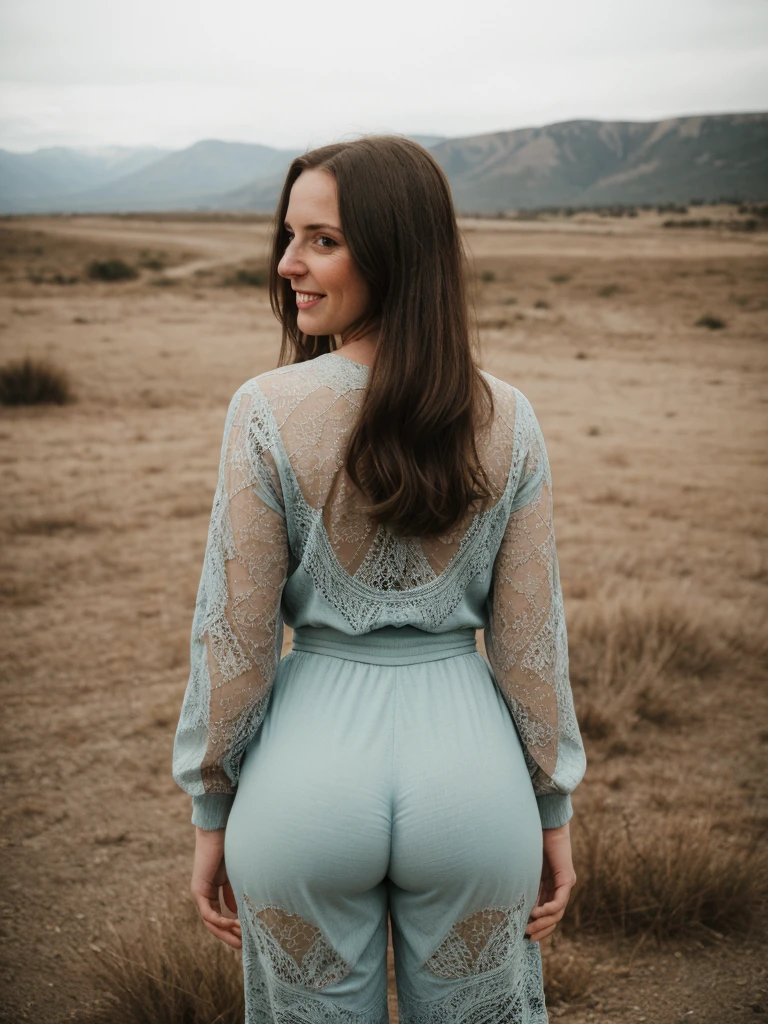 1girl, solo, photorealistic, realistic, long hair, ((ugly:1.5)), middle age, 35-year-old woman, wrinkles on her face and body, Caucasian woman, straight nose, dark brown hair, diamond face shape face, white skin, thin lips, monolid eyes, (medium shot, half body), shallow depth of field, vignette, highly detailed, high budget Hollywood movie, bokeh, cinemascope, moody, epic, gorgeous, film grain, grainy, realistic, depth of field, RAW photo, she is dressed in the color light blue (style of Abstract Expressionism Zimmermann lace jumpsuit. with Harem pants: Baggy, low-crotch pants with a relaxed and comfortable fit.) with Windswept Plateau in the background, (((dynamic pose))), she is looking at the camera smiling, (((butt out)))