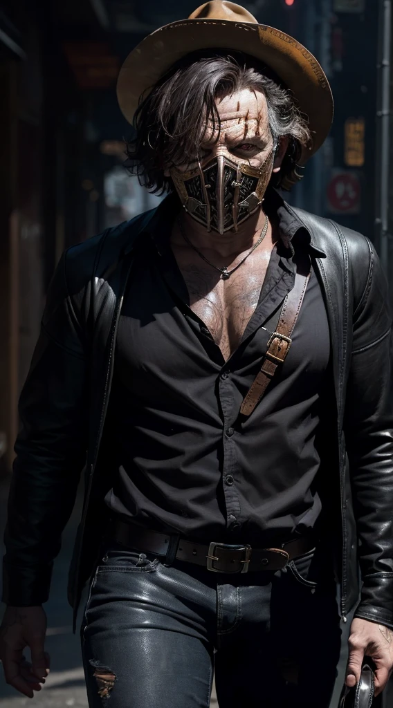 "A realistic, detailed leather mask inspired by Leatherface from The Texas Chainsaw Massacre, worn by a character with a grim and menacing expression, suitable for a Halloween display."