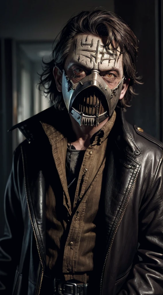 "A realistic, detailed leather mask inspired by Leatherface from The Texas Chainsaw Massacre, worn by a character with a grim and menacing expression, suitable for a Halloween display."