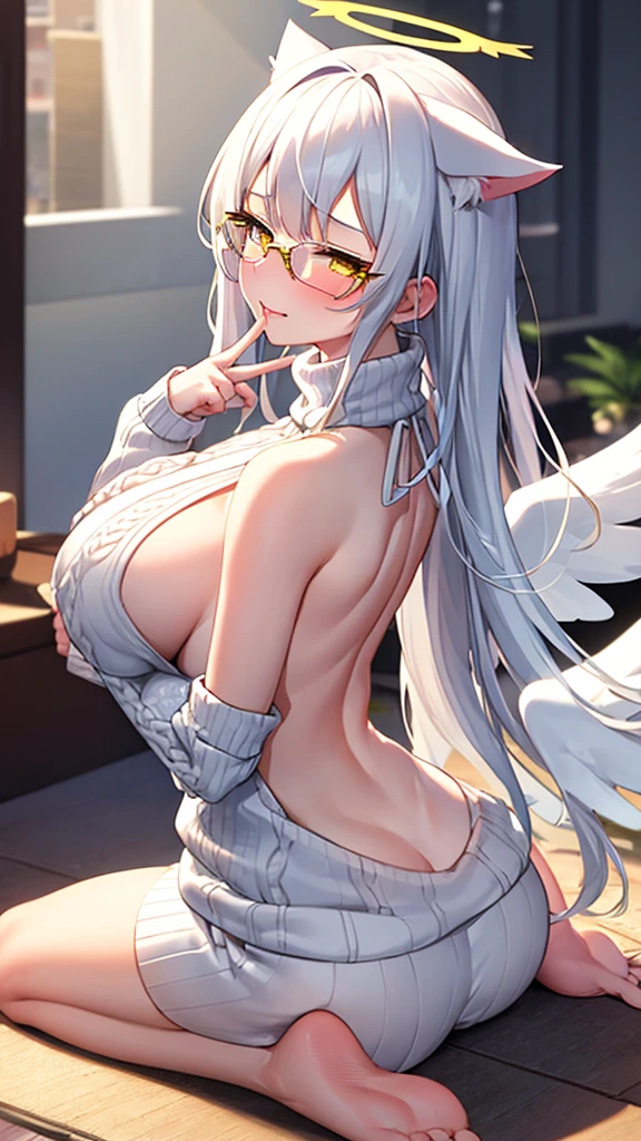 An 18 year old female angel with long, white hair, yellow eyes, white cat ears, and large white angel wings. yellow halo ring round white glasses (White halter turtleneck sweater, purekiller sweater, sleeveless, sexy backless sweater) white arm warmers finger touching lips