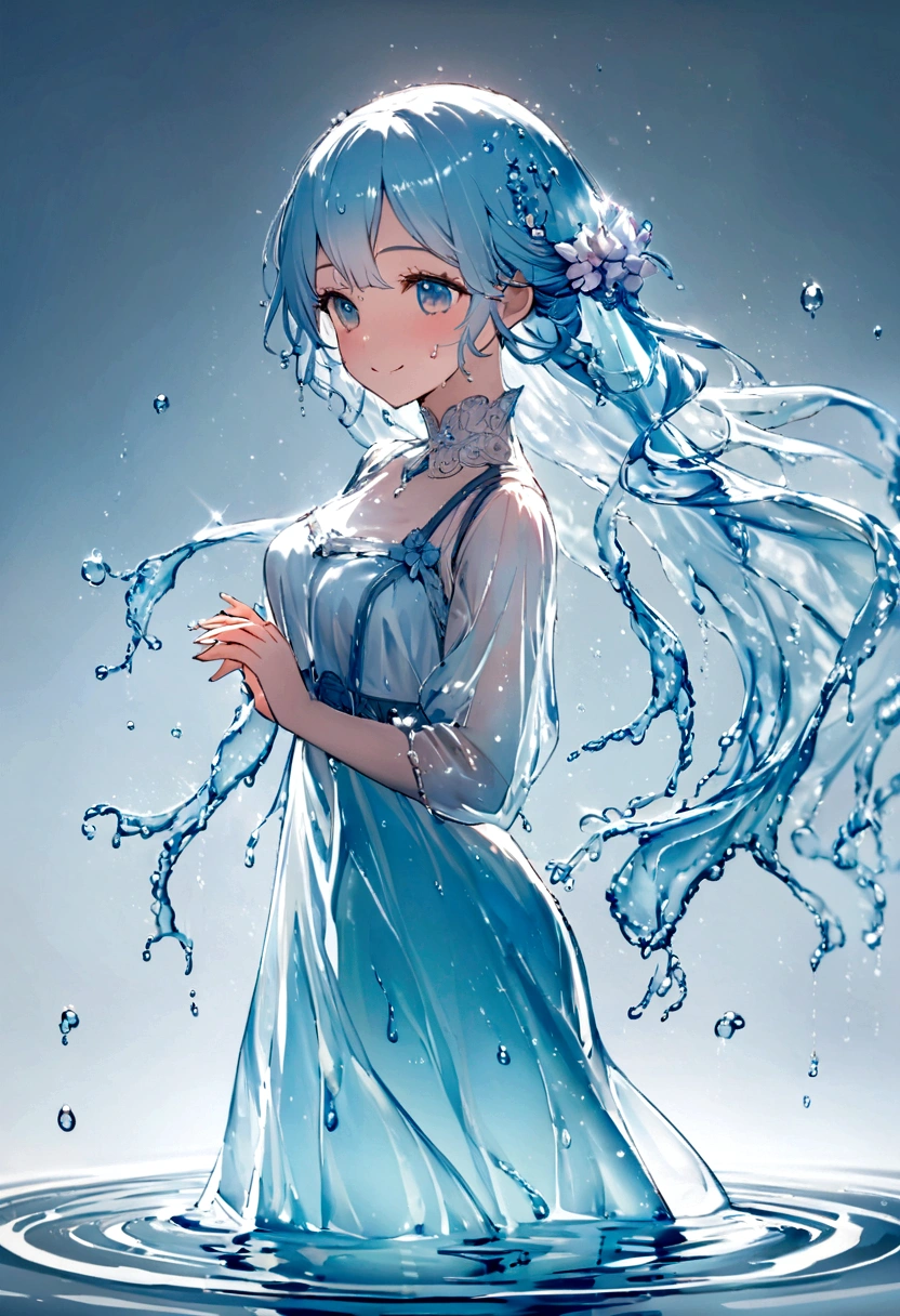 The background is a color that complements the water, and the close-up image shows a lovely smiling woman made entirely of water. The woman's hair is long and her eyes are open. The light must be captured to show that this figure is fluid, translucent, and liquid. The background is blurred with a soft blur to show the water dripping down. Add droplets of water floating in the air to emphasize the atmosphere of recently fallen rain or fog. The ground reflects the wet surface of the water, showing gentle ripples and dancing water. The overall ambiance should be serene, enchanting, and evocative of the wonders of nature.