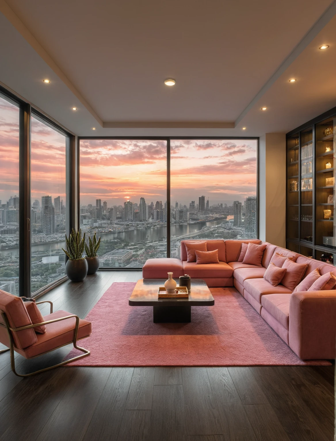 Raw photo,Masterpiece, high quality, best quality, authentic, super detail, interior, livingroom style modern, sunset, evening light, sofa, tea table, carpet, flower vase on tea table, wine bottle, tray, armchair, wine cabinet, books, glass cabinet doors, snake plant pot, downlight, windows overlooking the evening city, (((black and pink tones))), black wooden floor,