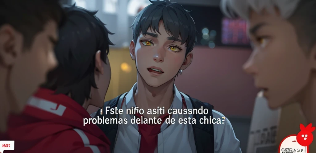 cute 16 year old boy, yellow eyes, white hair, speaking calmly