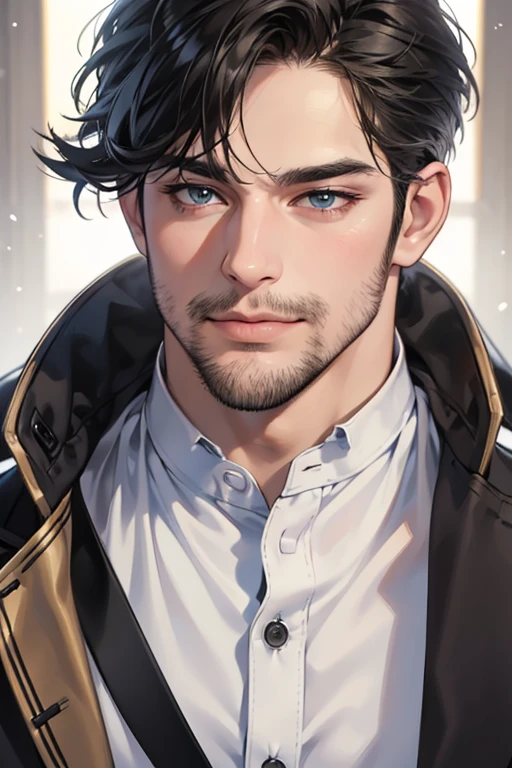 (best quality,4k,8k,highres,masterpiece:1.2),ultra-detailed,(realistic,photorealistic,photo-realistic:1.37),30 year old man,3 day beard,handsome anime,portraits,strong,masculine,dark hair,sharp jawline,mesmerizing eyes,perfectly styled hair,cool anime outfit,confident expression,vibrant colors,dynamic lighting, CEO and expression smile in love.
