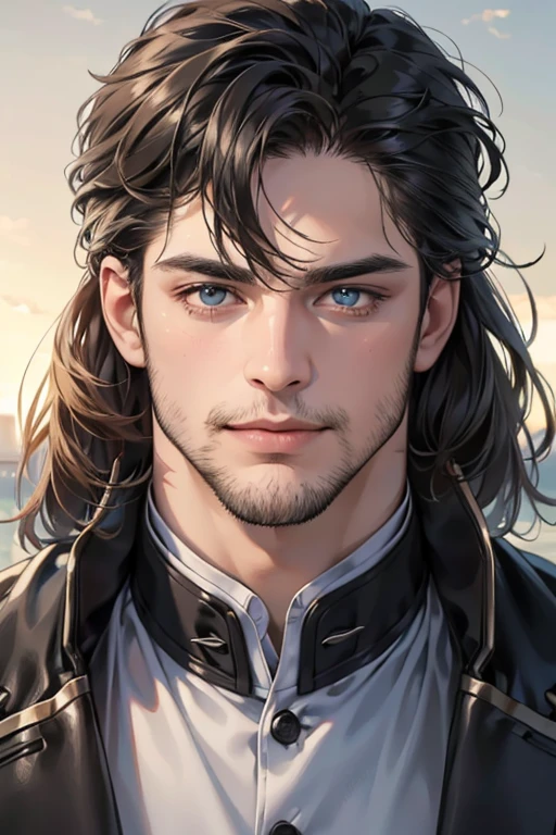 (best quality,4k,8k,highres,masterpiece:1.2),ultra-detailed,(realistic,photorealistic,photo-realistic:1.37),30 year old man,3 day beard,handsome anime,portraits,strong,masculine,dark hair,sharp jawline,mesmerizing eyes,perfectly styled hair,cool anime outfit,confident expression,vibrant colors,dynamic lighting, CEO and expression smile in love.