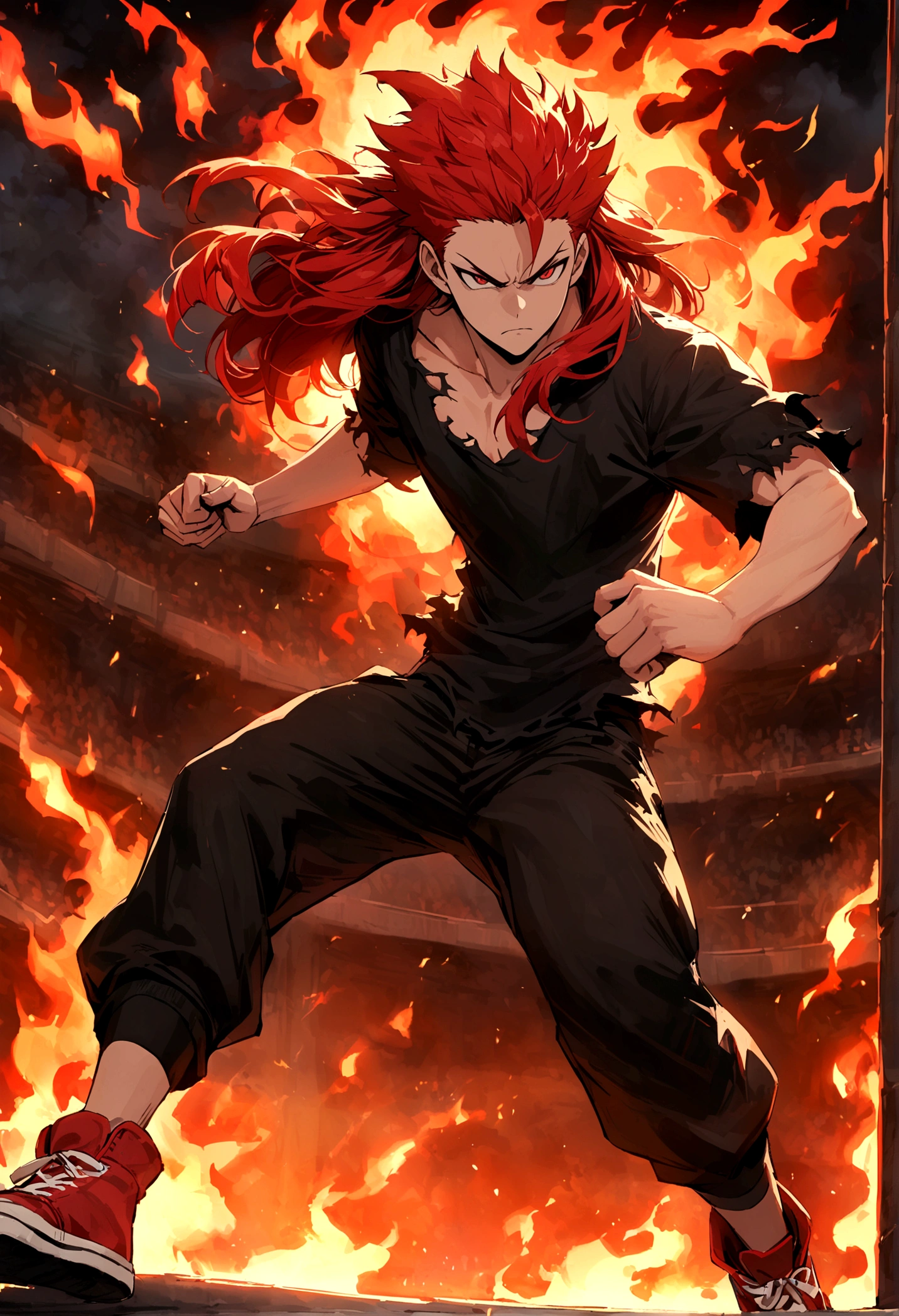 , hair spiked up, long hair, fiery red hair, serious face, Eyes red, ripped black loose shirt, black pants, Red sneakers, fire aura around the character, scene in an open-air fighting arena, lot of details,