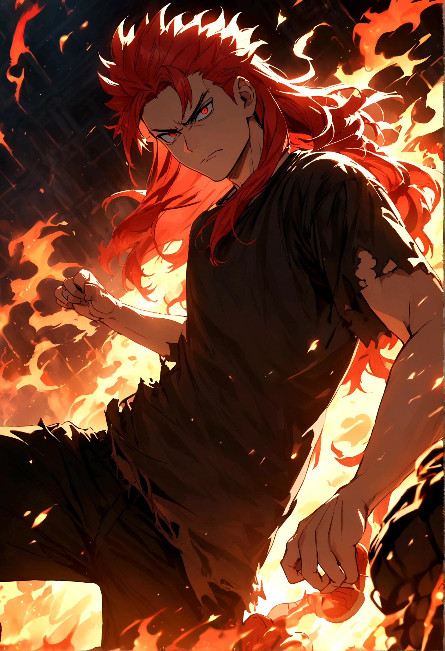  boy, spiky hair, long hair, bright red hair, bright orange eyes, serious face, simple smile, flared loose white shirt, ripped wide black pants, many red tattoos on the body, aura of bright fire around the character.