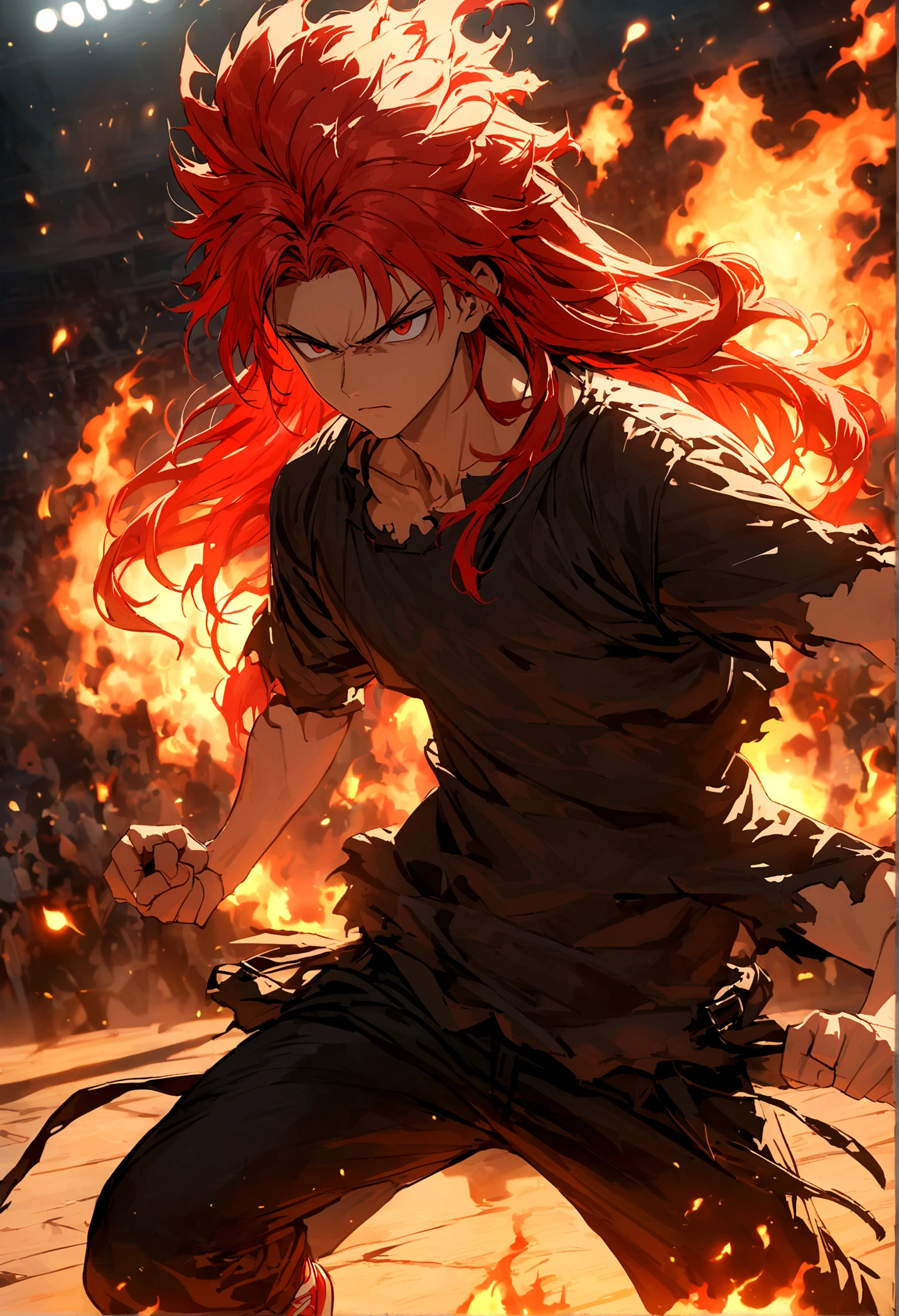 Teenage boy, hair spiked up, long hair, fiery red hair, serious face, Eyes red, ripped black loose shirt, black pants, Red sneakers, fire aura around the character, scene in an open-air fighting arena, lot of details, 
