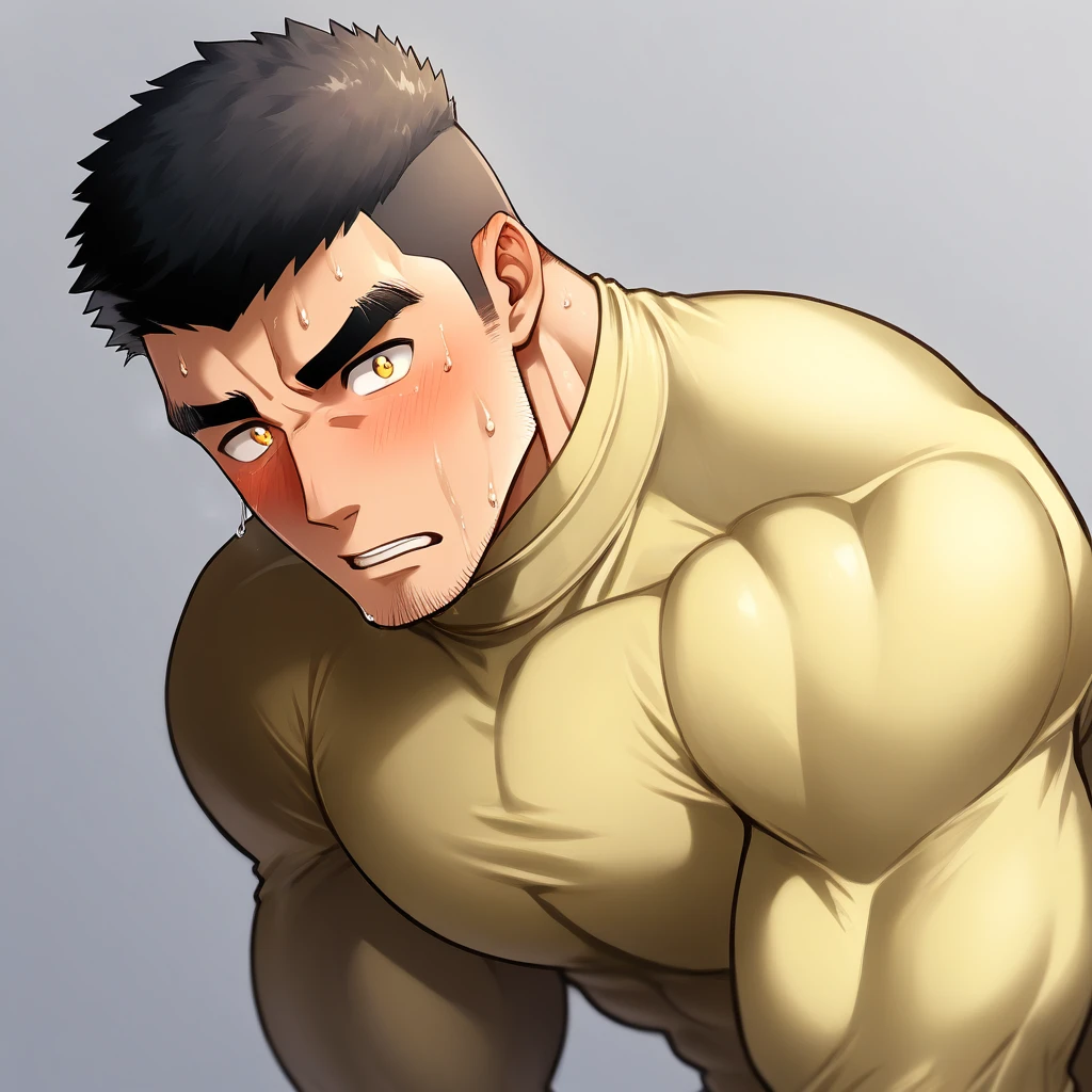 anime characters:Tights superhero, Muscle Sports Student, 1 muscular tough guy, Manliness, male focus, Light yellow high collar long sleeve tight T-shirt, Very tight, The clothes were soaked with sweat, The pectoral muscles are oversized, Slightly transparent, muscular male, muscular, only, Upper body, alone, Black short hair, Thick eyebrows, stubble, Yellow eyes, Grey background, simple background, amazing quality, best aesthetics, Ridiculous, bright pupils, crew cut, parted lips, shy, blush, moaning, saliva trail, drop shadow, best quality