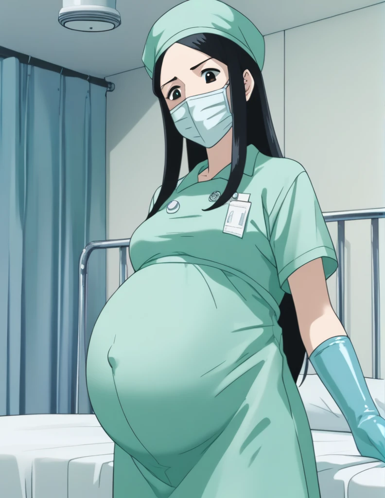 score_9,  score_8_up, score_7_up, source_anime, kasuganoray, pale skin, shy eyes, long hair, scrubs, surgical mask, surgical cap, seamless long sleeved maternity clothes, 
1girl, pregnant, solo, rubber gloves, looking down, furrowed brow, hospital bed, standing