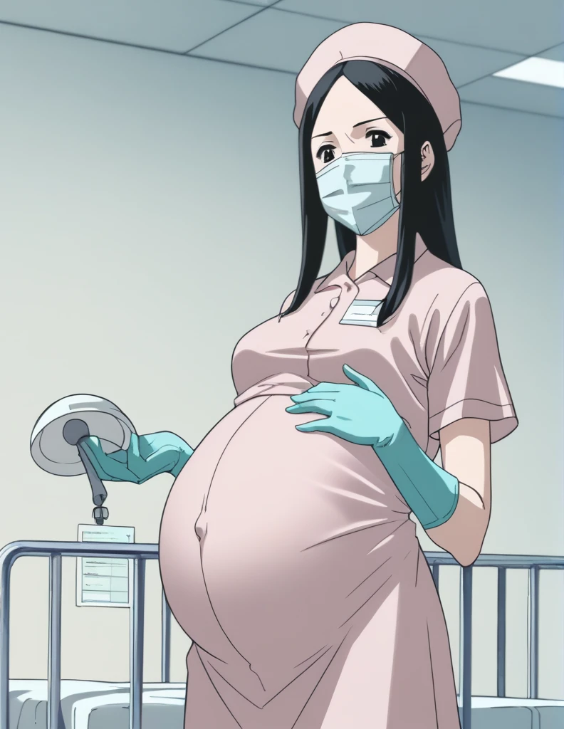 score_9, score_8_up, score_7_up, source_anime, kasuganoray, pale skin, shy eyes, long hair, scrubs, surgical mask, surgical cap, seamless long sleeved maternity clothes,
1girl, pregnant, solo, rubber gloves, looking down, furrowed brow, hospital bed, standing