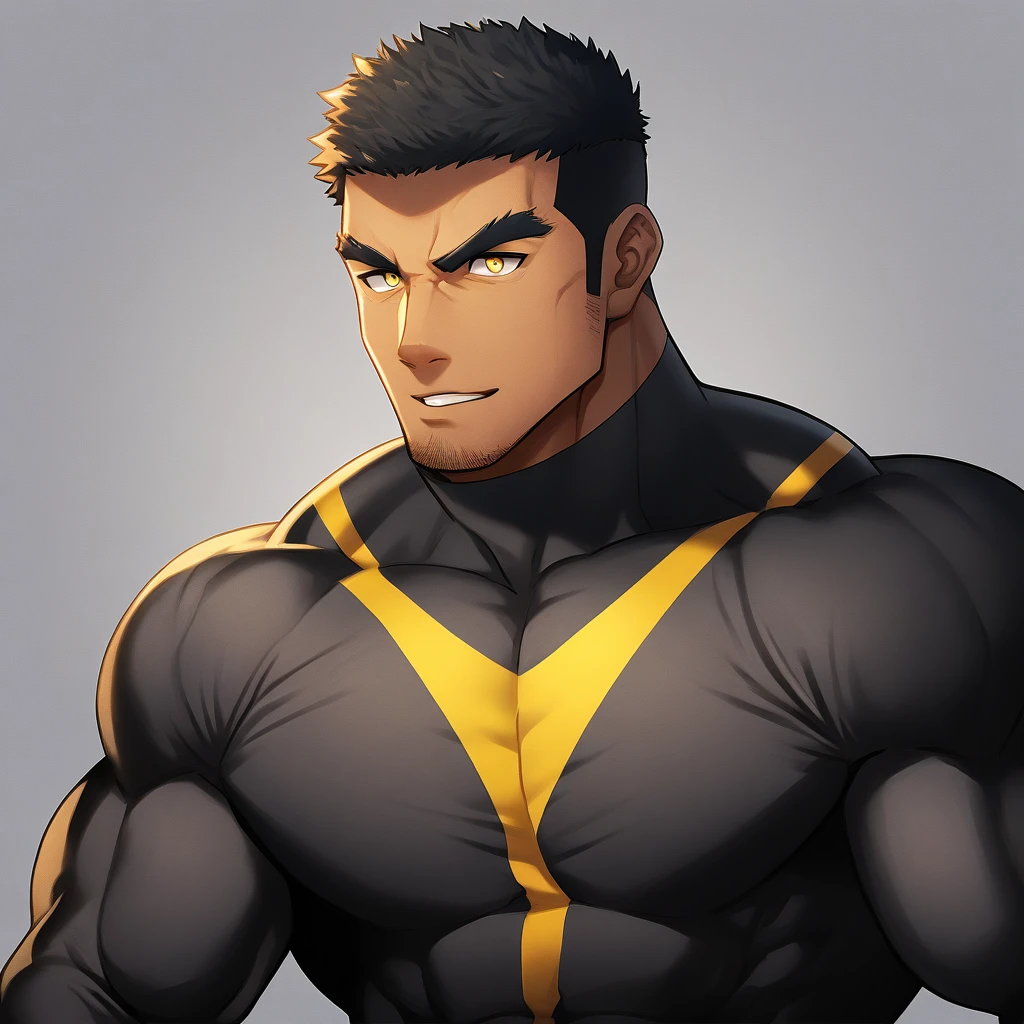 anime characters:Tights superhero, Muscle Sports Student, negro black skin, 1 dark skin muscular tough guy, Manliness, male focus, Yellow and black striped high collar long sleeve tight T-shirt, Slightly transparent material, Very tight, Round, full and perky chest muscles, Slightly transparent, muscular male, muscular, only, Upper body, alone, Black short hair, Thick eyebrows, stubble, Yellow eyes, Grey background, simple background, amazing quality, best aesthetics, Ridiculous, bright pupils, crew cut, parted lips, seductive smile, torogao, naughty face, drop shadow, best quality