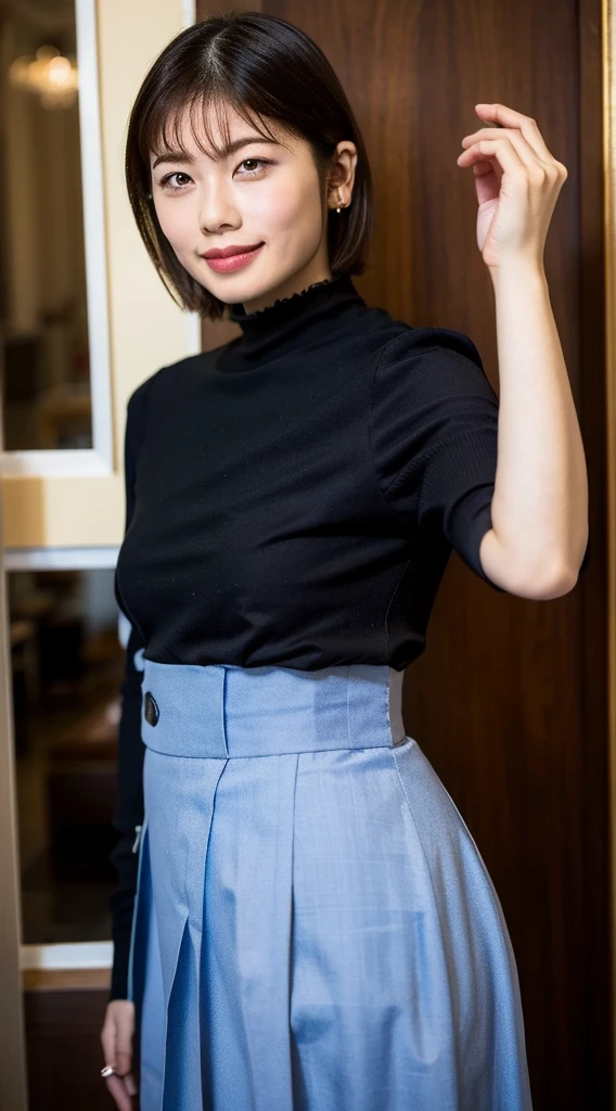 (8K, Raw photo, Best Quality, masterpiece:1.2), (Realistic, Photorealistic:1.37), Ultra-detailed, 1 girl,Cute, Solo,Beautiful detailed sky,Detailed Cafe,(nose blush),(lightsmile:1.1), small breasts,Beautiful detailed eyes,Pleated skirt,(Short hair:1.2),Floating hair、standing