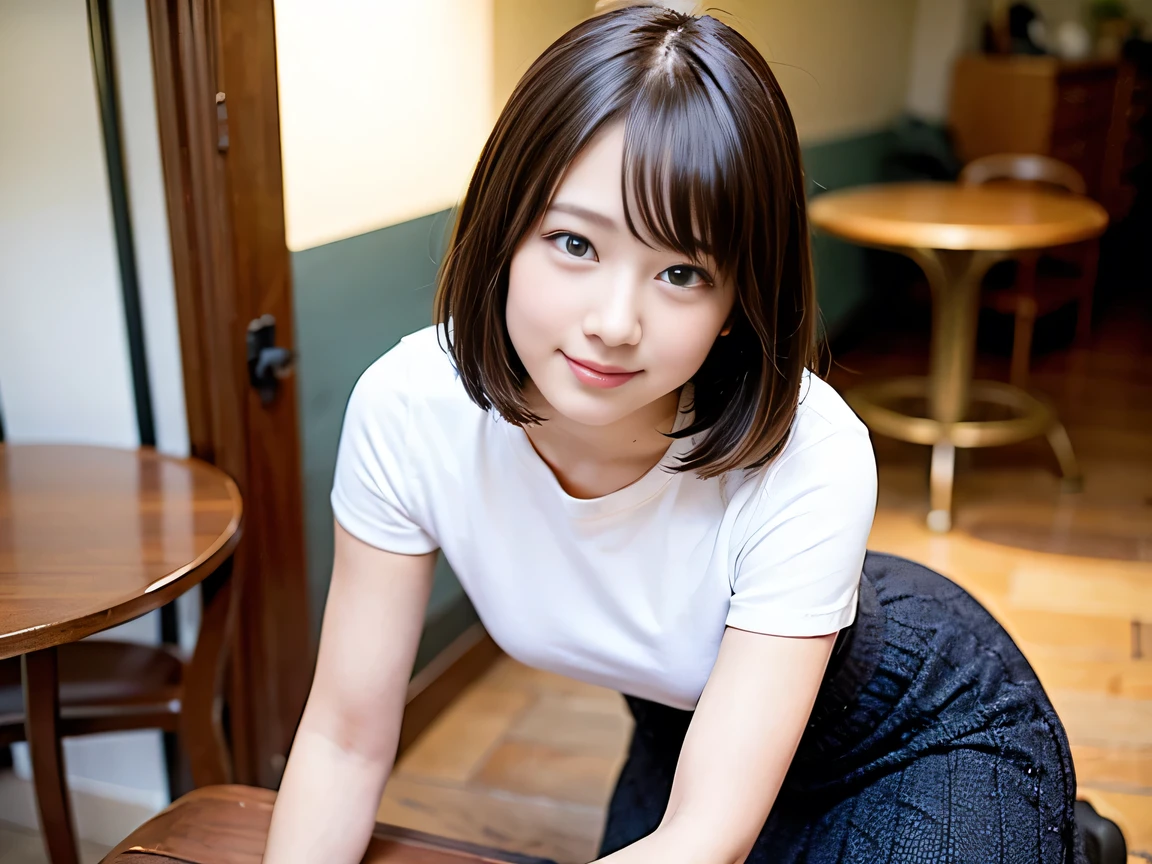 (8K, RAW Photos:1.2), Detailed face and eyes,最high quality, Ultra-high resolution, Very detailed ,Intricate details ,Tabletop ,pretty girl , Soft cinematic light, Hyper Detail,Sharp focus, high quality, Brown Hair,((Bobcut))、(Straight bangs)、 outside,T-Shirts、(Pleated skirt)、”dwarf”、(Full Body Shot)、Waist、(I can see your thighs)、Cowboy Shot、 smile、
