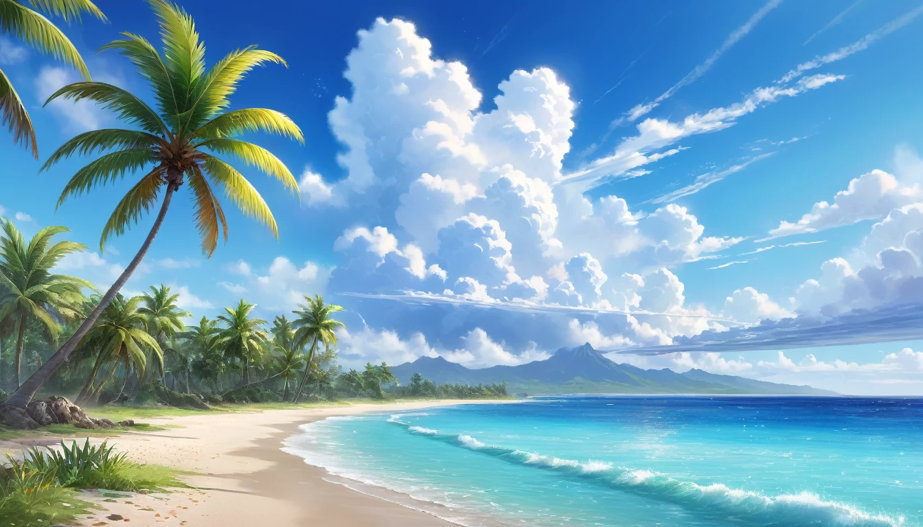 Tropical coast, A wide sea with a visible horizon,A clear sky with cumulonimbus clouds,Palm tree,Blur the background,Pleasant sea breeze,Glitter effect,Highest quality, 8K, High resolution, masterpiece:1.2, Very detailed, Realistic:1.37, High resolution, 超High resolution, Ultra-fine painting, Very detailed, Professional, Vibrant colors