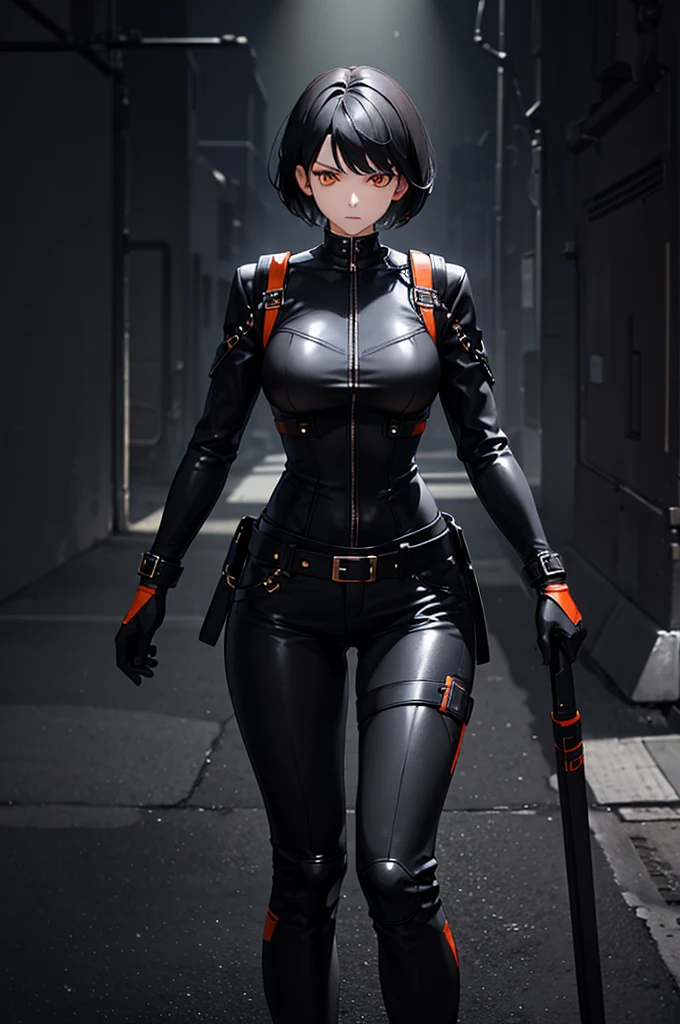 1woman, short hair, black hair, orange eyes, black leather outfit, standing on ground, high res, ultra sharp, 8K, masterpiece