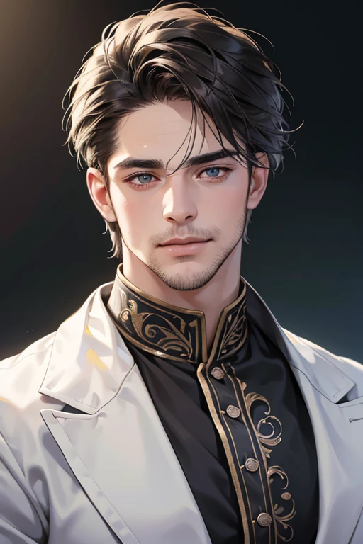 (best quality,4k,8k,highres,masterpiece:1.2),ultra-detailed,(realistic,photorealistic,photo-realistic:1.37),30 year old man,3 day beard,handsome anime,portraits,strong,masculine,dark hair,sharp jawline,mesmerizing eyes,perfectly styled hair,cool anime outfit,confident expression,vibrant colors,dynamic lighting, CEO and expression smile in love.