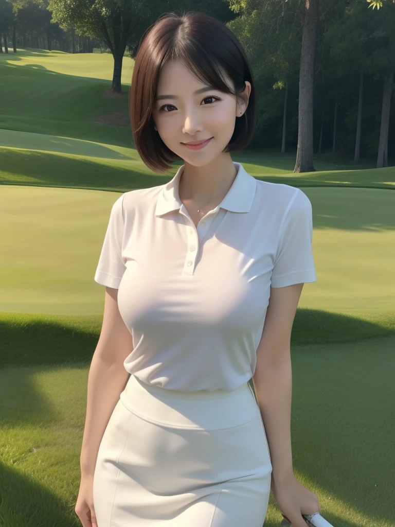 ((masterpiece))、((best quality))、picture、reality、high resolution、very detailed、mature woman、30 years old、delicate facial features、Short hair、Realistic backgrounds and accessories、Soft and big boobs、sexy smile、Standing on the golf course、pale white light、white thin polo shirt、red golf skirt, deep shadows、sagging breasts、soft chest