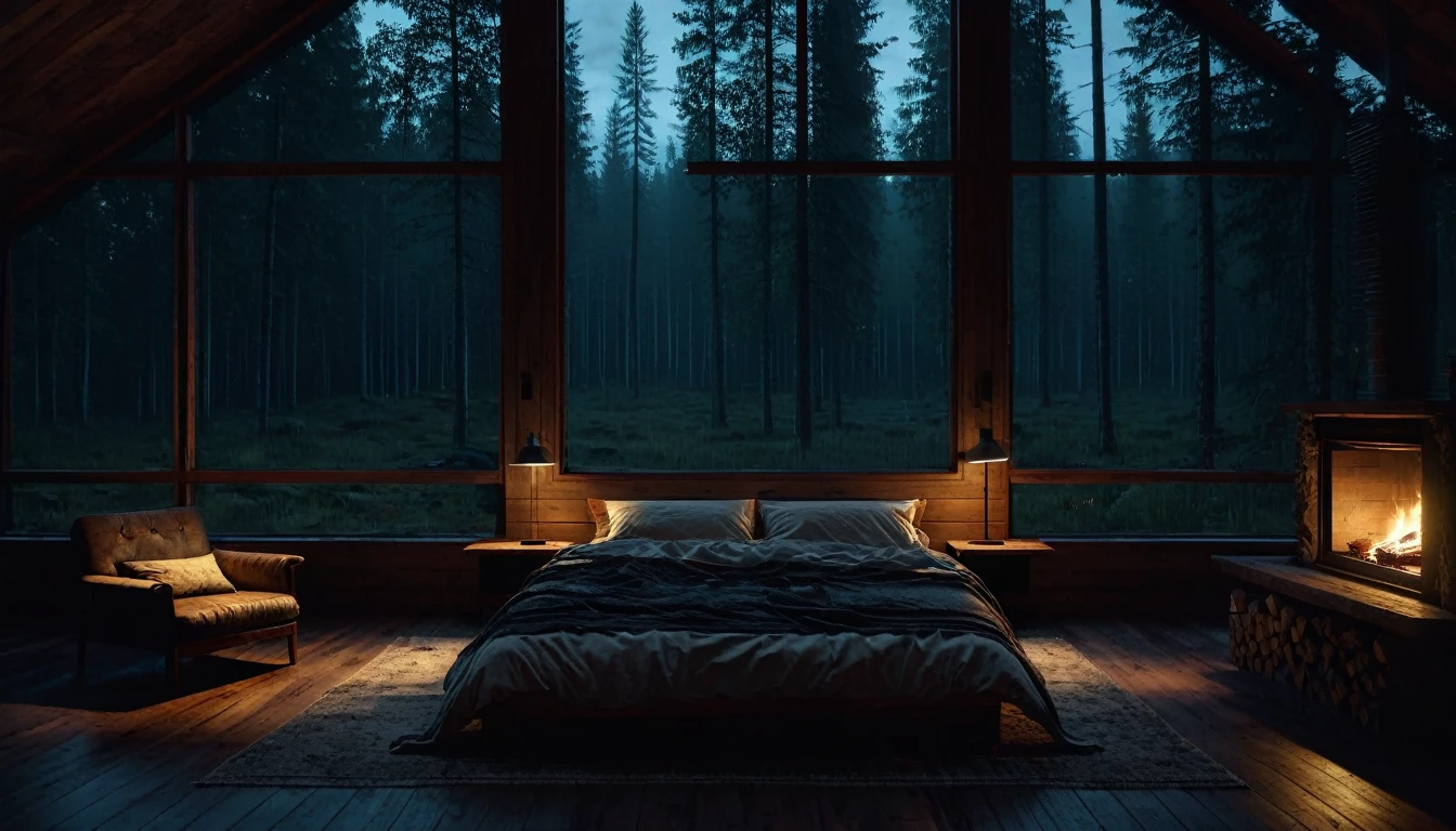 dimly lit bedroom with fireplace and wood burning bed, large windows to the forest at night, beautiful and cinematic lighting, cozy place, cryengine render 8 k, cabin in the forest, minimalist pyramid room shape, pyramid glass, very forest background dark, lots of column windows, dark, pillows and blankets, large windows, minimalist windows, lots of boxes, minimalist windows facing the forest, quiet night. the picture is original, rainy night. original rendering, stunning, rainy night, gloomy, dark gloomy cinematic lighting, atmosphere, landscape, vast forest, moody, dramatic lighting. cinematic, cinematic, atmospheric shots, gloomy weather. hyperrealistic, atmospheric rendering, rainy night, huge gloomy forest, cinematic,