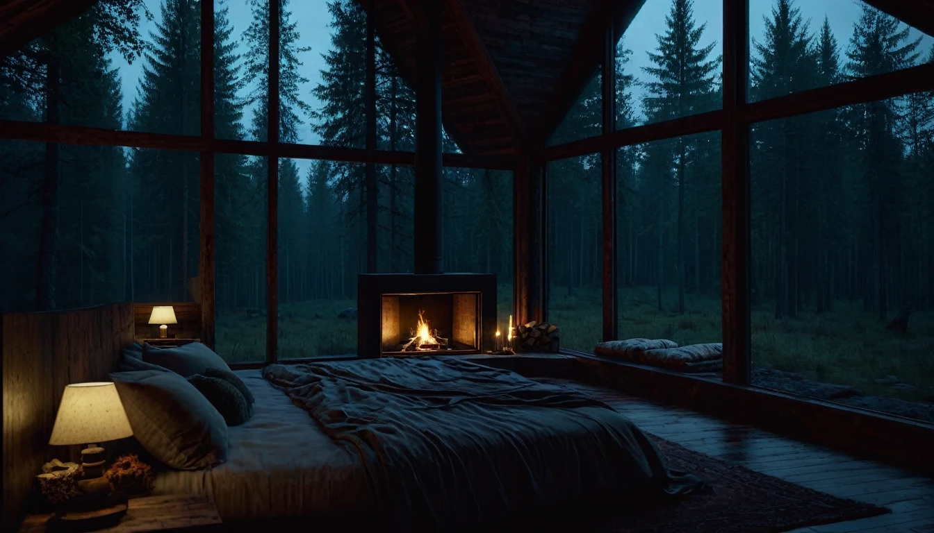 
dimly lit bedroom with fireplace and wood burning bed, large windows to the forest at night, beautiful and cinematic lighting, cozy place, cryengine render 8 k, cabin in the forest, minimalist pyramid room shape, pyramid glass, very forest background dark, lots of column windows, dark, pillows and blankets, large windows, minimalist windows, lots of boxes, minimalist windows facing the forest, quiet night. the picture is original, rainy night. original rendering, stunning, rainy night, gloomy, dark gloomy cinematic lighting, atmosphere, landscape, vast forest, moody, dramatic lighting. cinematic, cinematic, atmospheric shots, gloomy weather. hyperrealistic, atmospheric rendering, rainy night, huge gloomy forest, cinematic,