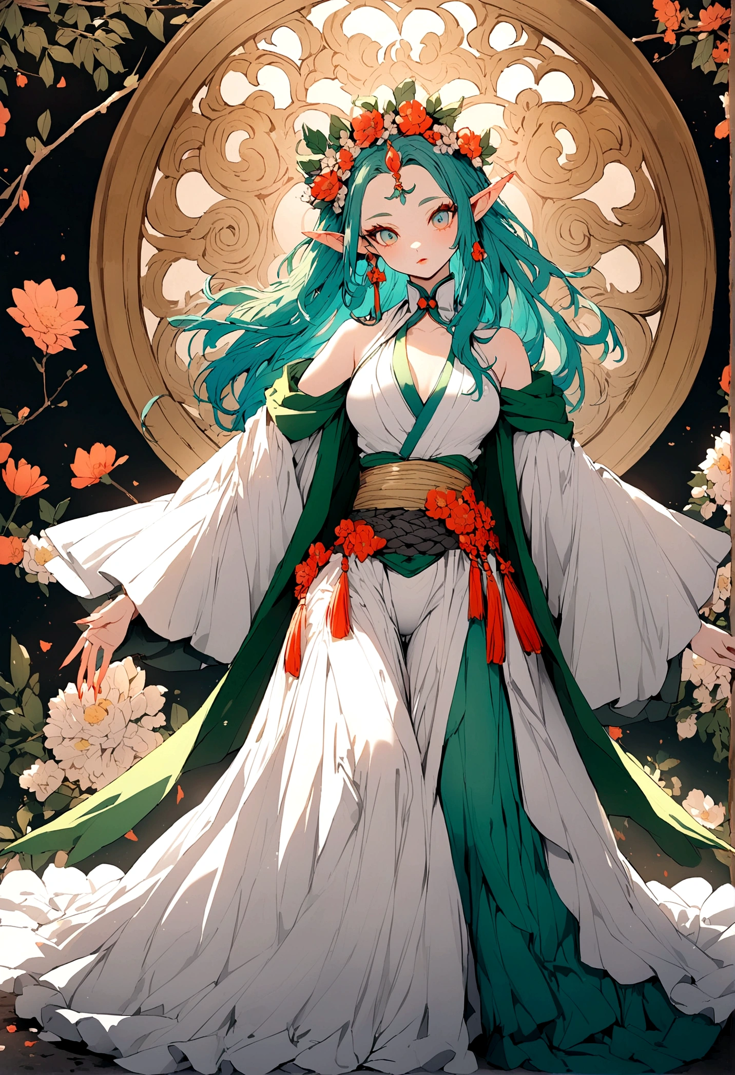 White clothes，wing, Demon Slayer, Highly detailed, Floral clothes，Elf Girl, Female earth magician