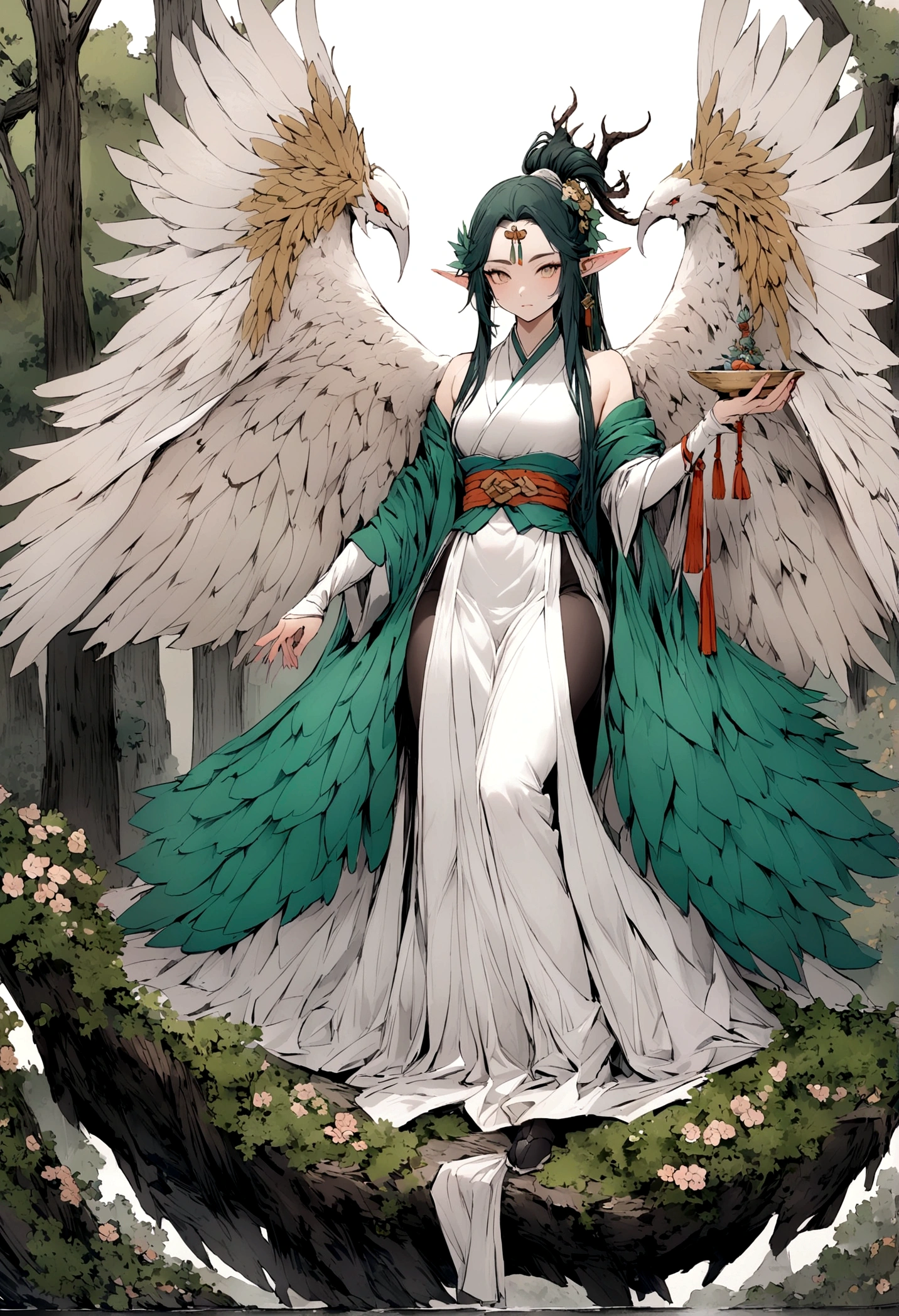 White clothes，wing, Demon Slayer, Highly detailed, Floral clothes，Elf Girl, Female earth magician
