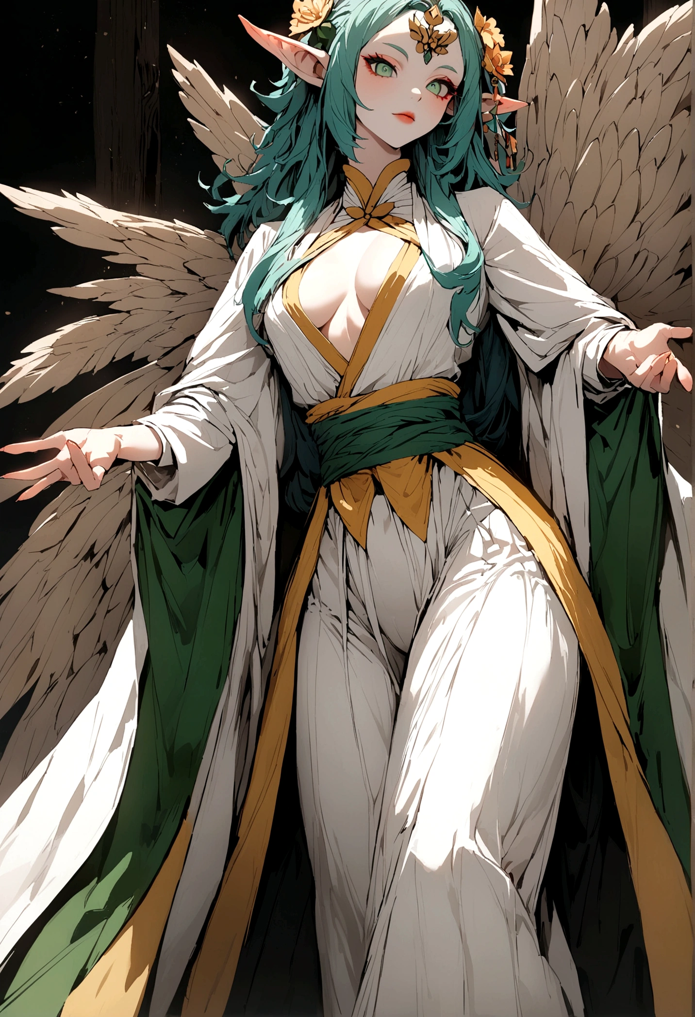White clothes,wing, Demon Slayer, Highly detailed, Floral clothes,Elf Girl, Female earth magician