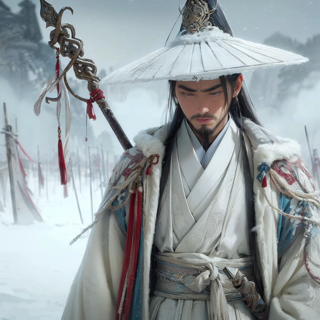 (Masterpiece:1.2), (Best Quality:1.2), (high resolution:1.2), (beautiful face and eye:1.2), (sharpest focus:1.2), (Ultra-realistic Photo:1.2), (Ultra-precise Photo:1.2), (Depth of field:1.2), (perfect anatomy:1.2), (nice hands:1.2),
(perfect hands:1.2), (five fingers:1.2), (Young, fearless, beautiful, shady Chinese man:1.0), (Lonely Chinese warrior with spear:1.0), (Neatly trimmed short beard and tied hair:1.0), (Blazing Chinese period drama style fortress:1.0),
(long spear with serpentine blade and ornate decoration:1.0), (white tsubakuhiro cap and cloak:1.0), (white armor with red, blue, and yellow coloring:1.0), (snowstorm:1.0), (melancholy expression:1.0), (picturesque standing figure:1.0),