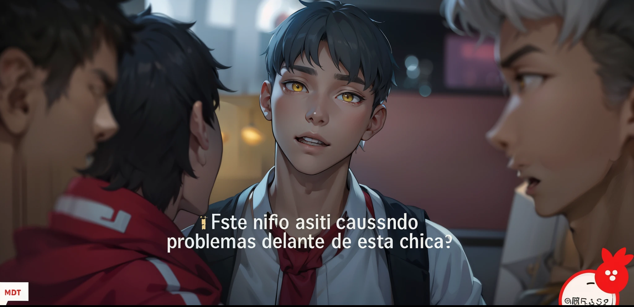 cute 16 year old boy, yellow eyes, white hair, speaking calmly