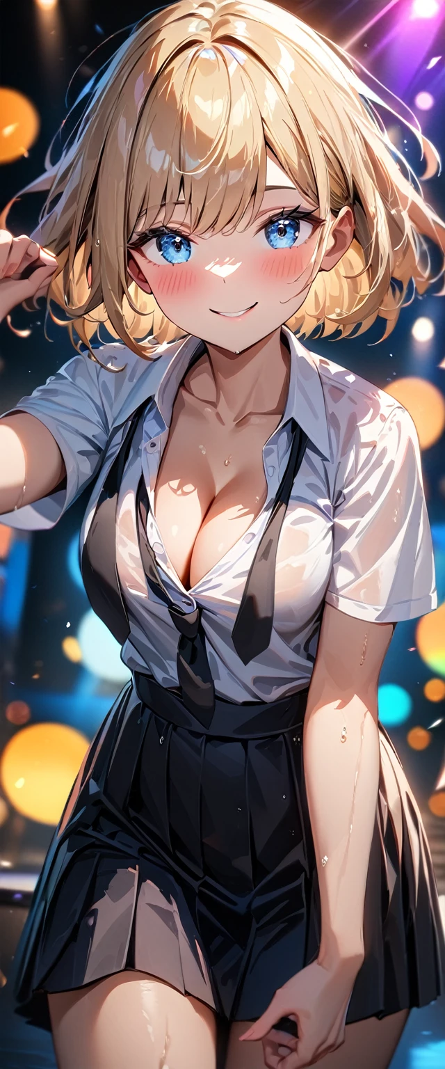 (((One girl))), blond hair, bob cut, (cowboy shot), (looking at viewer), face in focus, breasts, teenager, head tilt:1.3, (((blue eye))), ((happy smile)), ((blush)), school summer uniform, white shirts, ((black tie)), black skirt, wet skin, dynamic pose, ((cleavage)), anime style, (best quality, 4k, 8k, highres, masterpiece:1.2, ultra-detailed, ultra-detailed eyes, HDR, UHD, studio lighting, ultra-fine painting, sharp focus, physically-based rendering, extreme detail description, professional, vivid colors, bokeh)