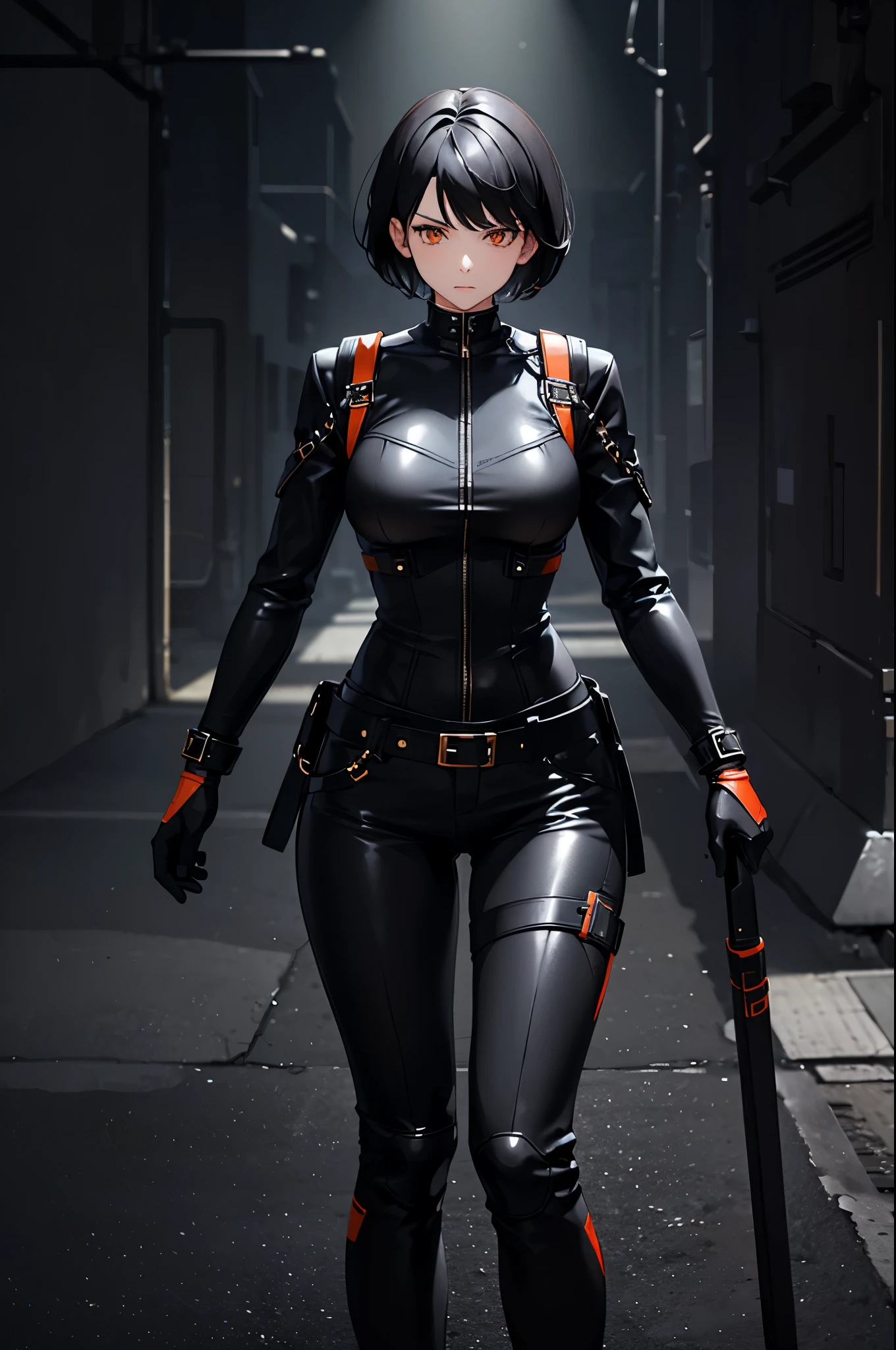 1woman, short hair, black hair, orange eyes, black leather outfit, standing on ground, high res, ultra sharp, 8K, masterpiece