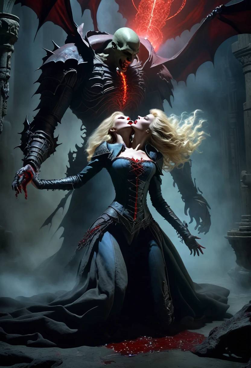 dark fantasy, dramatic lighting, full body shot, wide angle,dynamic angle, deep shadows, a female vampire and her thrall, extremely detailed skin, perfect blond wavy hair, (A female vampire and her thrall, she is using her paranormal powers to shift blood in the atmosphere, making the blood translocate around the environment), (the female vampire is trying to reach her thrall's neck with her hand, absorbing the thrall's blood from afar), hemokinesis, (there are lots of blood strings floating around the environment), she is wearing a very intricate biological exoskeleton, (the female vampire's lower body is vanishing, becoming black mist), the scene unfolds in a dungeon dimly illuminated by a red glow, red energy lines, pale blue and olive hues, mystical energy, moody atmosphere, cinematic composition, Yoshitaka Amano style