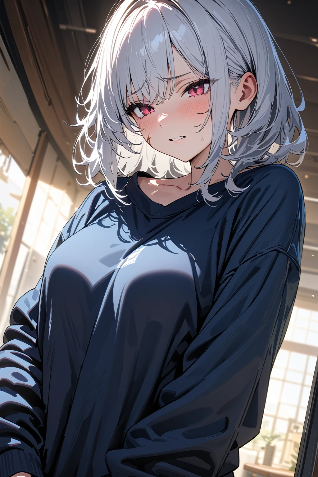 (masterpiece, best quality:1.5), (ultra detailed, high resolution, 8k, beautiful detailed, UHD, best anatomy), white hair, very flat breasts, 1 cool girl, oversize hoodie, Background with cracks, vitreous