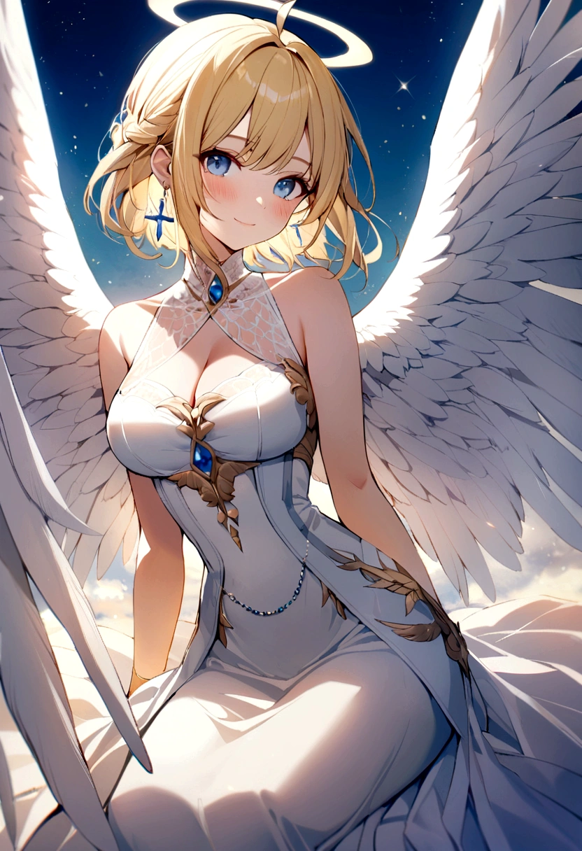 slender, mature female,wings, rating:safe, angel_wings, 1girl, breasts, white_wings, solo, angel, feathered_wings, earrings, jewelry, blue_eyes, blonde_hair, dress, looking_at_viewer, white_dress, halo, feathers, bare_shoulders, short_hair, closed_mouth, sleeveless, multiple_wings, medium_breasts, smile, long_hair, bangs, sleeveless_dress, white_feathers, large_breasts, gloves, eyebrows_visible_through_hair, blush, sparkle, cross_earrings, sitting, cleavage, sidelocks, ahoge, light_particles, sky