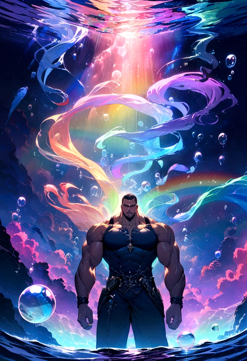masterpiece, best quality, 1 male, adult, mature, tall muscular guy, Dark theme, Magic circle, bubble, rainbow Sunlight, Underwater, Reflected mirror, floating piece of Glass, Rainbow light, Bubble Swirling, wind Swirling, Aurora, fantasy scenery, Starlight around the character, (upper body)