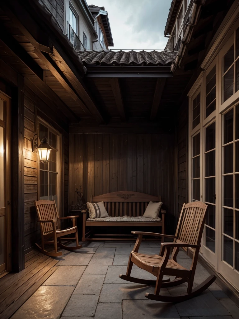Masterpiece, Illustrate a scene featuring a rocking chair on a terrace, 16K, ultra high res.photorealistic, HDR, UHD, DSLR, RAW, cinematic lighting,Horror ,Very Horror, Dark