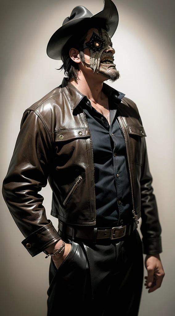 "A realistic, detailed leather mask inspired by Leatherface from The Texas Chainsaw Massacre, worn by a character with a grim and menacing expression, suitable for a Halloween display."