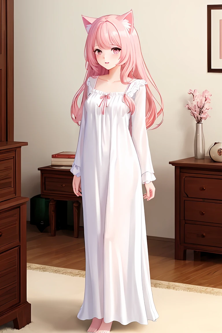 score_9,score_8_up,score_7_up,masterpiece, top quality, best quality, official art, beautiful and aesthetic, animation, , 1girl with cat ear, perfect figure, pink hair, complicated details, bedroom, standing, white nightgown, long pink hair ,
