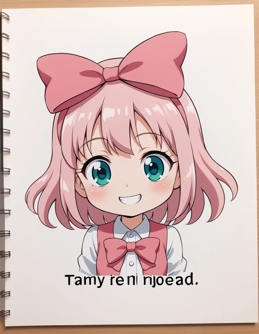 Drawing of a girl smiling, with a small bright pink bow on her head, com fundo branco