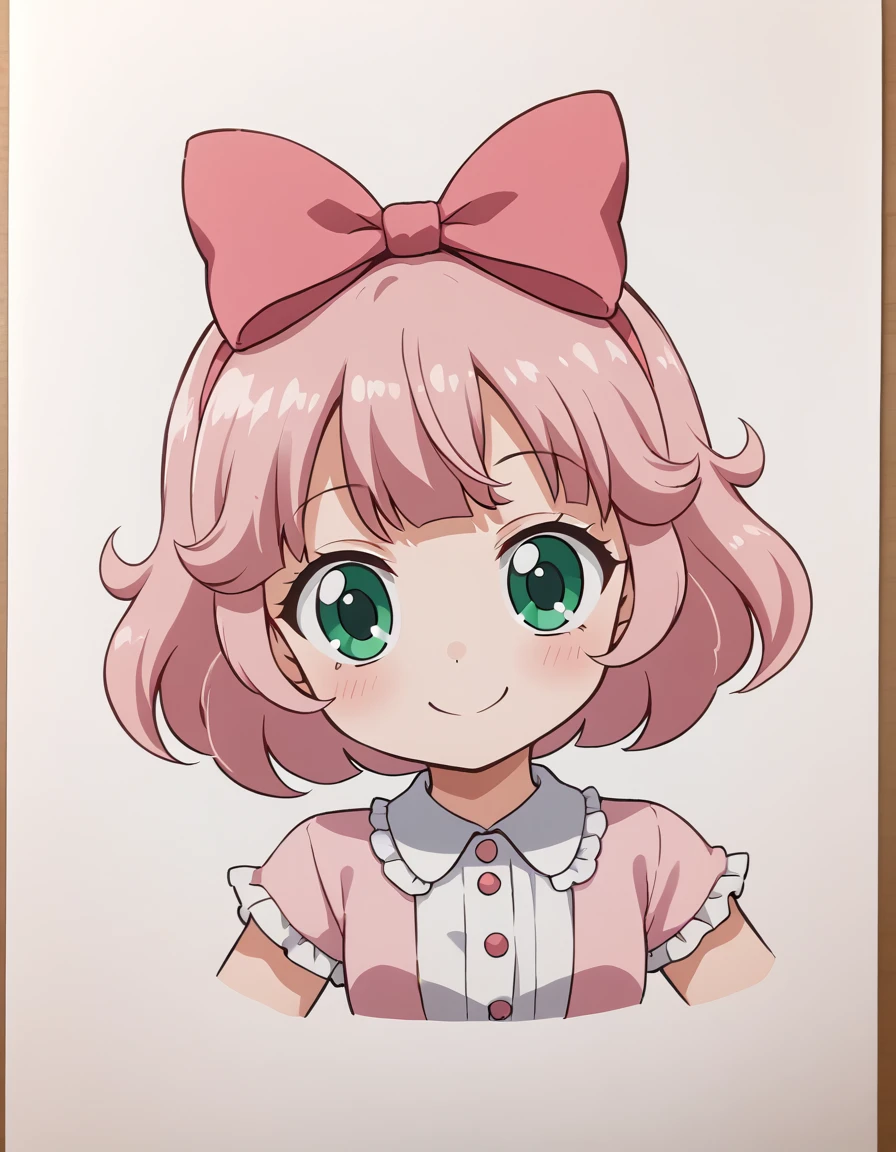Drawing of a 3 year old girl smiling, with a small bright pink bow on her head, com fundo branco