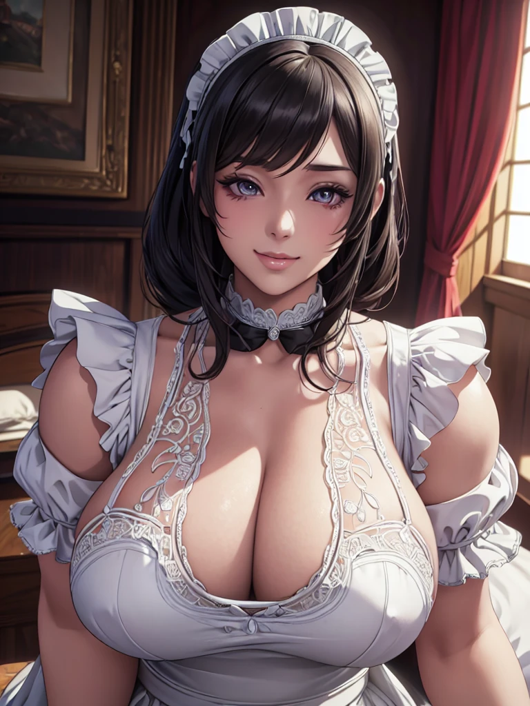 NFSW, Beautiful detailed portrait of a girl with big eyes, Fuller lips, Smiling Kindly, Long eyelashes, see through Maid clothesを着て, tihn fabric clothing, In sensual poses, (highest quality,4K,8K,High resolution,masterpiece:1.2),Super detailed,(Realistic,photoRealistic,photo-Realistic:1.37),Highly detailed face, Maid clothes, Intricate details, Vibrant colors, Dramatic lighting, Structure of the film, Anime-inspired art style